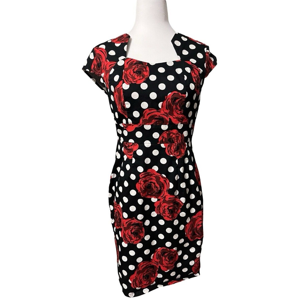 🌹Grace Karin Retro Pencil Dress Size M Red Black Floral Cap Sleeve EUC! 🌹